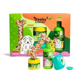 Tresky & Friends Estuche de Limpieza para Mascota 4 Piezas: Champú Té Verde, Bálsamo Manzanilla, Cepillo y Juguete