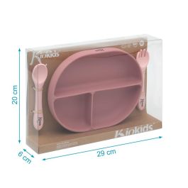KioKids Set Cubiertos y Bandeja BLW en Silicona con Ventosa y Divisiones Rosa +6 Meses