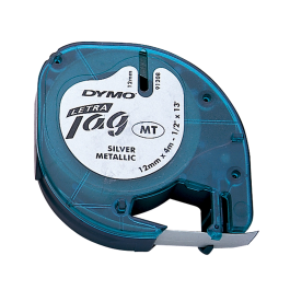 Dymo Cinta 91208 Negro Plata Metalizada 12mm x 4M Plástico Rotuladora Letratag