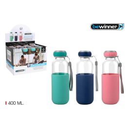Bewinner Botella de Agua Fabricada en Vidrio y Silicona, con Tapa de Silicona, 400 ml de Capacidad, 7 x 7 x 19.8 cm (12 Unidades)