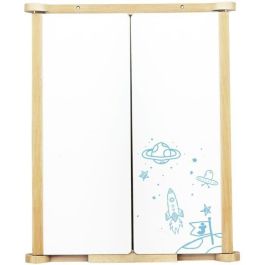 Jeujura JEU3225280879109 Tríptico Cuadro Mural en Madera Natural con Persianas Centrales de Pizarra y Tiza/Fieltro, Accesorios Incluidos, 82x56 cm
