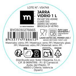 Inde Jarra de Vidrio Transparente con Tapa 1 Litro - La Mediterrán (12 x 8.2 x 23.5 cm) (12 Unidades)