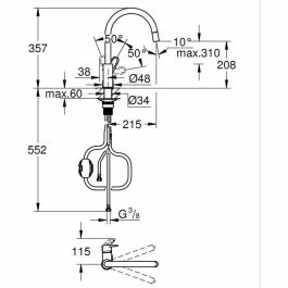 Grifo de cocina - Cromo - Caño alto en forma de C - Aireador extraíble - Rotación 360° - Limitador de caudal - GROHE Start Flow - 30569000