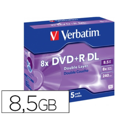 Verbatim DVD+R Doble Capa 8.5GB Velocidad 8x Pack 5 Unidades 240 Minutos Precio: 12.50000059. SKU: B1H29FMWJD