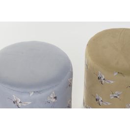 DKD Home Decor Reposapies Oriental con Garzas de Poliéster y Metal Gris, Mostaza y Dorado 32x32x38 cm Pack 2 Unidades