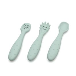 KioKids Little sauvages Set de 3 Cubiertos de Silicona Verde para Bebé, Pre-Cuchara Cuchara Pre-Tenedor, Apto Lavavajillas, +6 Meses