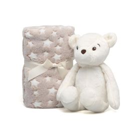 KioKids Oso de Peluche Blanco con Mantita de Estrellas para Bebé, 25cm, Manta 100x100cm, Poliéster, +0 Meses