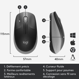 Logitech M190 Ratón Inalámbrico Full-size RF con Diseño Contorneado Ergonómico para Manos Grandes, Gris, Batería 18 Meses