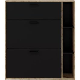 Zapatero LEONA de 2 puertas - Melamina negra y contorno de roble rústico - 8 a 10 pares - L90 x P25 x H102 cm Zapatero LEONA de 2 puertas - Melamina negra y contorno de roble rústico - 8 a 10 pares - L90 x P25 x H102 cm