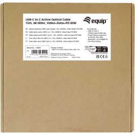 EQUIP Cable USB-C a USB-C 119463, 15m, USB 3.2 Gen 2 (10Gbps), 60W PD, 4K@60Hz, DisplayPort Alt Mode, Negro