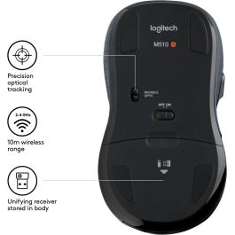 Logitech M510 Ratón Inalámbrico Láser Negro, Diseño Ergonómico Full-Size, Desplazamiento Lateral, Botones Programables, Receptor Unifying