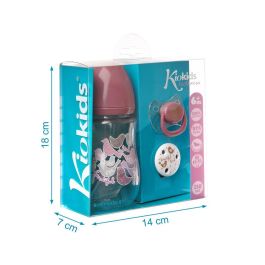 KioKids Set Biberón 250 mL, Chupete Ortodóntico Silicona y Pinza Sujetachupete Rosa | Bebés +6 Meses