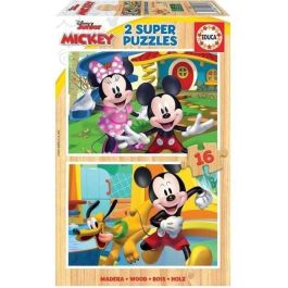 Educa 19287 Puzzle 2x16 Mickey y Minnie de madera ecológica. Dos puzzles Disney de 16 piezas, para niños +3 años.