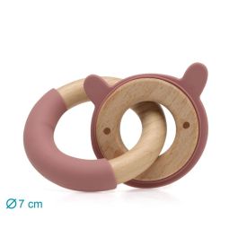 KioKids Mordedor Bebé Madera Haya y Silicona Rosa Conejo +3 Meses. Alivia Dentición y Masajea Encías. Colección Eco-friendly.