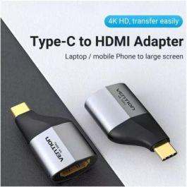 Vention TCDH0 - Adaptador USB Tipo-C Macho a HDMI Hembra 4K UHD 2160p HDMI 1.4, Conectores Dorados, Carcasa Aluminio Gris