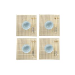 DKD Home Decor Juego de Sushi Oriental 16 Piezas Bambú Gres Azul Blanco Natural Apto Microondas Lavavajillas 14.5x14.5x31 cm