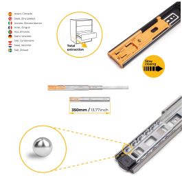 Emuca Lote de 5 juegos de guías para cajones, de bolas, altura 45mm, profundidad 350mm, extracción total, cierre suave, Cincado