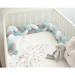 KioKids Trenza Protectora Acolchada para Cuna y Cama, Chichonera Bebé Antigolpes, Azul y Gris, 1,50 metros