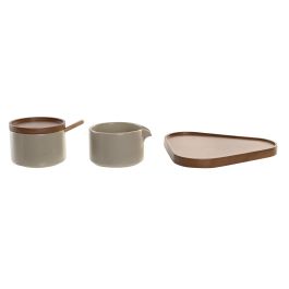 DKD Home Decor Azucarero Moderno Set de 2 con Lechera, Porcelana y Rubberwood, Apto Microondas Lavavajillas, Beige Marrón 18.5 x 7 x 19.5 cm