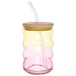 Home Deco Factory Tarro de Vidrio con Pajita y Tapa de Bambú 500 ml - Diseño Redondeado