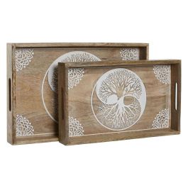 DKD Home Decor Bandeja Decorativa Indio de Madera de Mango con Diseño Árbol, Acabado Decape Blanco Natural, 27x5.5x43.5 cm, Set de 2