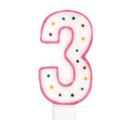 Party Time Vela Numeral Aniversario Número 3 - Decorada con Círculos y Pincho, 14 cm, Colores Surtidos Rosa Azul Rojo