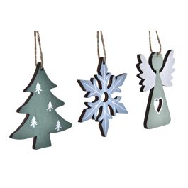 DKD Home Decor Decoración Colgante Navidad Moderna Set de 3 MDF Azul Verde Blanco 8 x 1.5 x 21 cm