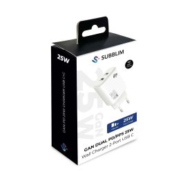 Subblim SUBCHG-6G2520 Cargador GaN 25W Doble Puerto USB-C Carga Rápida PD 3.0 PPS Ultra-Compacto Blanco Universal para iPhone, iPad, Samsung Galaxy, Pixel