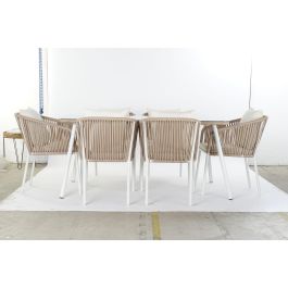 DKD Home Decor Mesa Comedor Terraza Jardín Beige Blanco 160x90x75cm Aluminio Poliéster Cuerda Cristal Set 7 Piezas
