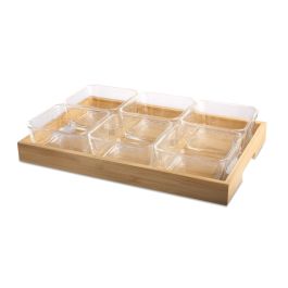 DKD Home Decor Tabla Aperitivo Basicos Cristal y Bambu Natural Set 7 Piezas 21 x 6 x 32 cm