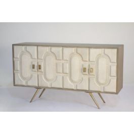 DKD Home Decor Aparador Moderno Colección Cruz Rombo Blanco Dorado de Mango y Latón Hecho a Mano, 2 Puertas, 2 Estantes, 93x41x114 cm