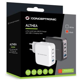 Conceptronic ALTHEA18B Cargador de Pared 100W, 4 Puertos (3x USB-C PD, 1x USB-A QC 3.0) Negro
