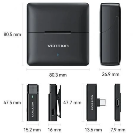 Vention NCAB0 Micrófono Inalámbrico con Clip, USB Tipo-C, Receptor Incluido, Paquete de 2 Unidades, Negro