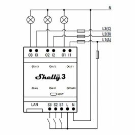 Shelly Pro 3 Relé inteligente WLAN LAN BT 3x 16A 3 canales 48A máx. Montaje DIN-Rail