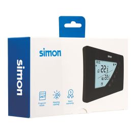 Simon Termostato Digital af521103 Programación Semanal Pantalla LCD Retroiluminada para Calefacción y A/A Negro
