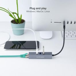 Nanocable Conversor USB 3.0 a Ethernet Gigabit + 3XUSB 3.0, 10.03.0407, Aluminio Gris