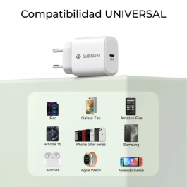 SUBBLIM Cargador USB-C GaN 20W PD 3.0 PPS SUBCHG-6G2001 Carga Rápida para iPhone, iPad, Galaxy, Pixel, Xiaomi Ultraportátil y Seguro