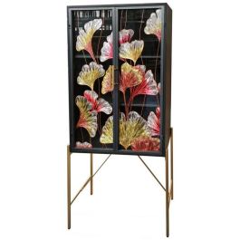 DKD Home Decor Mesita Auxiliar Tropical Set de 3 con Hojas, de Metal y Cristal, Amarillo Negro, 40x60x50cm