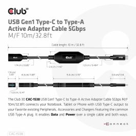 Club3D Cable USB 3.2 Tipo C a USB Tipo A 5Gbps Macho/Hembra 10m