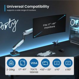Ewent Soporte Mesa EW1509 Vesa Hasta 49 Pulgadas, RGB, Ajuste Ergonómico, 20 kg, 75x75/100x100 mm, Negro Mate y Gris Claro