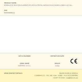 Edm Bombilla Vela Filamento Led Cristal Vintage E14 4.5W 400lm 2000K Luz Calida Ø3.5x9.8cm