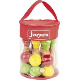 Jeujura Juego Bolos y Petanca de Madera: 6 Bolos, 6 Bolas, Gato, Bolsa Almacenamiento Fácil Transporte, para Niños +3 Años