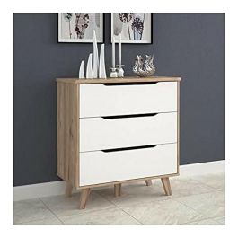 FINLANDEK VANKKA Cómoda Cajonera Escandinava, 3 Cajones, Roble y Blanco Mate, Patas Madera Maciza, 80x42x86 cm