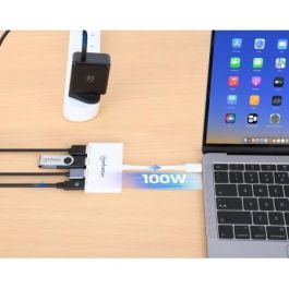 MANHATTAN 168434 Hub USB 3.0 Tipo-C con PD (100W), 3 Puertos USB-A, 5 Gbps, Color Blanco para Windows/Mac/Linux