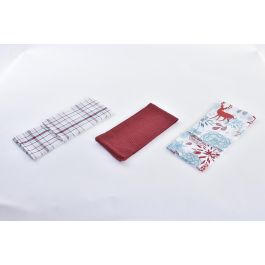 DKD Home Decor Paño de Navidad Moderno Algodón Azul Celeste Rojo Diseño Reno 40x60 cm Set 3 Piezas 170 gsm