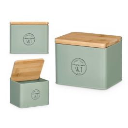 Kinvara Salero de Metal con Tapa de Bambú Verde Menta 14x11x11 cm (12 Unidades)