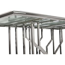 DKD Home Decor Mesa Comedor de Diseño Moderno Acero y Cristal, Acabado Blanco y Plateado, 90x180x75 cm