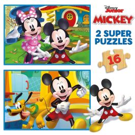 Educa 19287 Puzzle 2x16 Mickey y Minnie de madera ecológica. Dos puzzles Disney de 16 piezas, para niños +3 años.