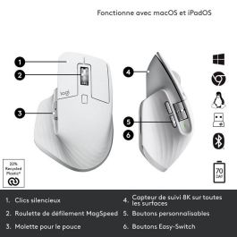 Logitech 910-006560 Ratón Ergonómico Inalámbrico MX Master 3S Bluetooth 8000 DPI Clics Silenciosos MagSpeed Batería Recargable Gris Pálido