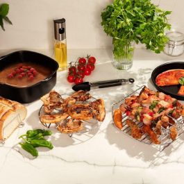 Cecotec 04995 Kit de Accesorios para Freidora de Aire Cecofry - Molde Pizza, Molde Repostería, Rejilla, Pinzas, Pulverizador Aceite, Negro, Acero Inox.